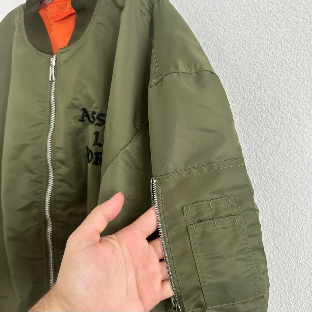 Lindafinegold ALF Reversible Olive Green and Orange Bomber Jacket Size: L